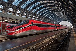 FS' Frecciarossa 1000 high speed train at Milano Centrale railway station, with a maximum speed of 400 km/h (249 mph),[54] is one of the fastest trains in Europe.[55][56]