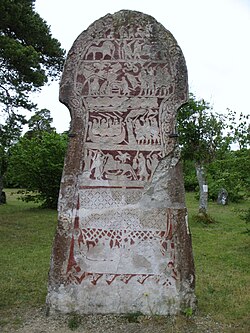 The Stora Hammars I stone, Sweden showing armed warriors in a period longship