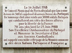 Commemorative plaque on the Portuguese.avenue (Avenue des Portugais) in Paris