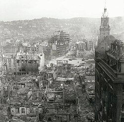 View towards Stuttgart's bombed-out market square on 1 November 1944. City Hall is on the right.
