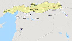 Syrian Northern Sanjaks ceded to Turkey by France in the Treaty of Ankara 1921 (area shaded in yellow). The orange line shows the Treaty of Sèvres border