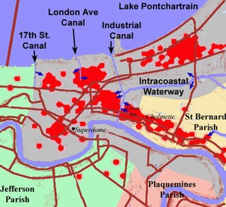 Sketch of New Orleans (shaded gray), indicating the locations of the principal breaches in the levees/floodwalls (dark blue arrows). Red dots show locations of deaths.