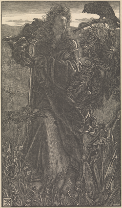 A valkyrie speaks with a raven in a 19th-century illustration of the Old Norse poem Hrafnsmál ("raven song") by Frederick Sandys