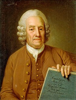 Swedenborg at the age of 75, holding the soon to be published manuscript of Apocalypse Revealed (1766)