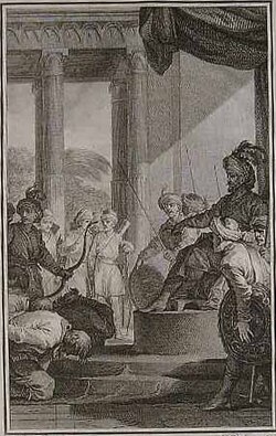 French illustration of Sir Josiah Child requesting a pardon from the Emperor Aurangzeb