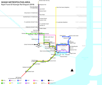 A schematic of rapid transit and passenger rail service in the Miami metropolitan area in 2017. The Tri-Rail Downtown Miami Link became operational in January 2024.