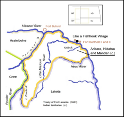 Arikara, Hidatsa and Mandan Indian territory, 1851. Like-a-Fishhook Village, Fort Berthold I and II and military post Fort Buford, North Dakota.