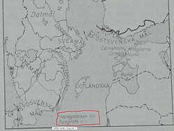 Isogloss for the pronunciation of "R" (c. 1960), being alveolar north of the boundary and uvular ("French R") south of it. It follows that the R+S combination is pronounced as spelled south of the boundary, while pronounced [ʂ] (similar to "sh" in "shark") north of it. This isogloss is the most imperative of all Swedish pronunciation differences.