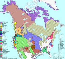 Language families of Indigenous peoples in North America shown across present-day Canada, Greenland, the United States, and northern Mexico