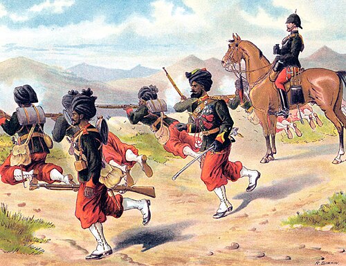 The 29th (Duke of Connaught's Own) Bombay Native Infantry on firing exercise. Coloured lithograph by Richard Simkin, c. 1885.