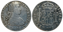 Silver coin: 8 reales New Spain with a portrait of King Fernando VII, 1810[3]