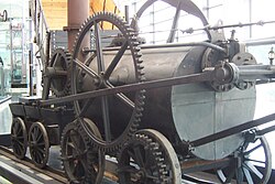 A replica of Trevithick's steam engine at the National Waterfront Museum in Swansea, Wales