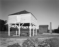 Winnowing barn (foreground) and rice pounding mill (background) at Mansfield Plantation near Georgetown, South Carolina
