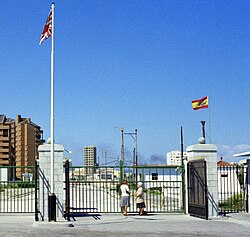 The closed Spanish gate at the border between Gibraltar and Spain, 1977