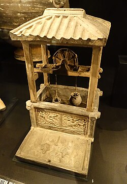 A Chinese ceramic model of a well with a water pulley system, excavated from a tomb of the Han dynasty (202 BC – 220 AD) period