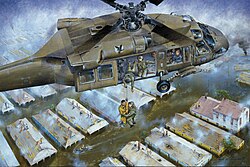 Painting depicting a National Guard helicopter rescuing people in the flooded Lower Ninth Ward