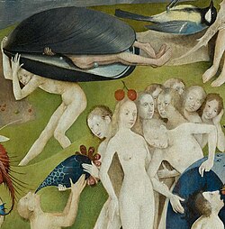 A group of females from the center panel. The head of one female is adorned with two cherries—a symbol of pride. To her right, a male drinks lustfully from an organic vessel. Behind the group, a male carries a couple encased in a mussel shell.[31]