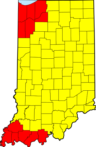 Time in Indiana: Counties grouped by time zone. Lake Michigan shown in blue at top left. Standard DST US time zone Red UTC−06:00 UTC−05:00 Central Time Yellow UTC−05:00 UTC−04:00 Eastern Time