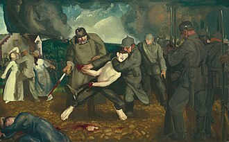 The Germans Arrive, oil on canvas (1918) by American artist George Bellows, depicting a German soldier restraining a Belgian teen whose hands had just been severed.