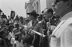 Faubus speaking to a crowd protesting the integration of Little Rock schools
