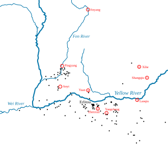 Traditional Xia sites (red) and Erlitou sites (black) near the Yellow River