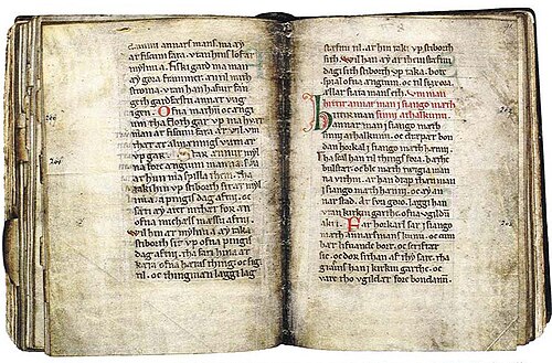 The oldest known vernacular manuscript in Scanian (Danish, c. 1250). It deals with Scanian and Scanian Ecclesiastical Law.
