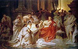 Painting of Roman Senators encircling Julius Caesar