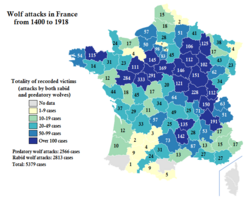 Map showing the number of wolf attacks in France by département from 1400 to 1918