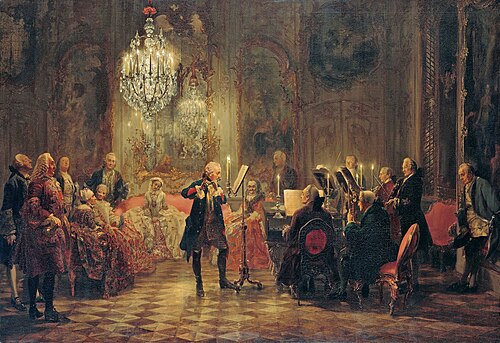 Frederick the Great plays flute in his summer palace Sanssouci, with Franz Benda playing violin, Carl Philipp Emanuel Bach accompanying on keyboard, and unidentified string players; painting by Adolph Menzel (1850–52)