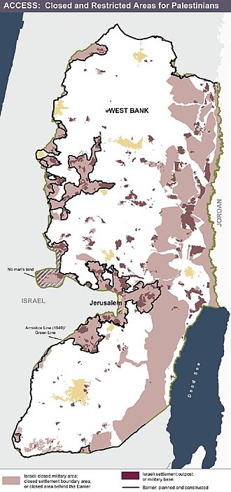 A map of West Bank settlements and closures in January 2006: Yellow = Palestinian urban centres. Light pink = closed military areas or settlement boundary areas or areas isolated by the Israeli West Bank barrier; dark pink = settlements, outposts or military bases. The black line = route of the Barrier
