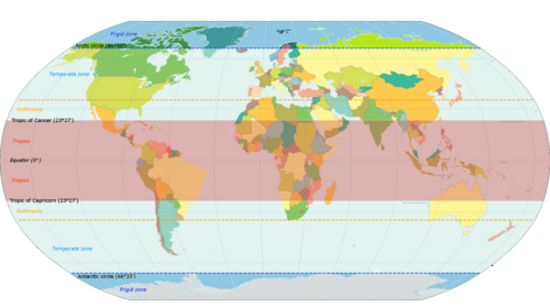 The different geographical zones of the world. The temperate zones, in the sense of geographical regions defined by latitude, span from either north or south of the tropics (north or south of the red strip) to the polar circles.