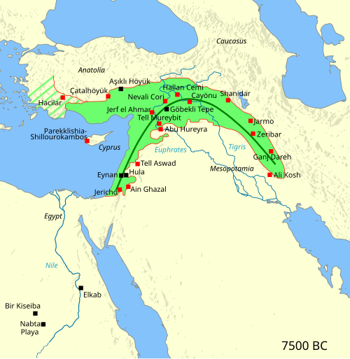 Area of the fertile crescent, c. 7500 BCE, with main sites of the Pre-Pottery Neolithic period. The area of Mesopotamia proper was not yet settled by humans. Includes Göbekli Tepe, a site in modern-day Turkey that is dated circa 9000 BCE.