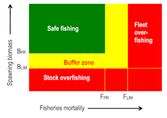 The Traffic Light colour convention, showing the concept of Harvest Control Rule (HCR), specifying when a rebuilding plan is mandatory in terms of precautionary and limit reference points for spawning biomass and fishing mortality rate