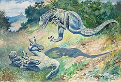 Painting of fighting "Laelaps" (now Dryptosaurus) by Charles R. Knight (1897)