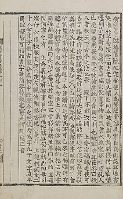 The page of the Veritable Records containing that text's first attestation to Hangul (leftmost three lines)