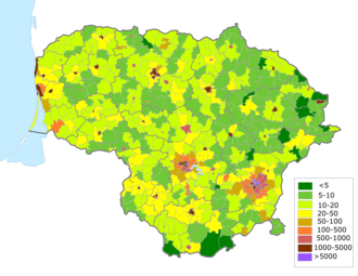 Population density in Lithuania by elderships (administrative units)