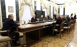 Putin with Shoigu, Gerasimov, Belousov, Yevkurov and commanders of military districts of Russia on 15 May 2024