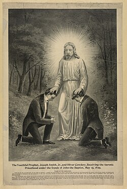 A 19th-century drawing of Joseph Smith and Oliver Cowdery receiving the Aaronic priesthood from John the Baptist. Latter Day Saints believe that the Priesthood ceased to exist after the death of the apostles and therefore needed to be restored.