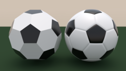 On the left is shape consisting of perfectly flat pentagons and hexagons. The hexagons are coloured white; the pentagons black. On the right is a football; it is of the same basic design, but the pentagons and hexagons are curved to form a smoother sphere.