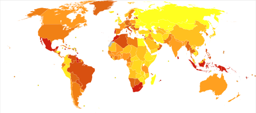 Mortality rate of diabetes worldwide in 2012 per million inhabitants: 28–91 92–114 115–141 142–163 164–184 185–209 210–247 248–309 310–404 405–1879