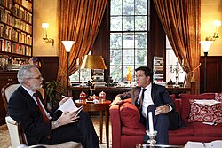 Mark Rutte (on right), prime minister of the Netherlands, being interviewed by The Journal in 2011