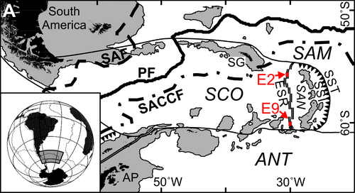 Map of the South Sandwich plate (SAN) shows its position between the Antarctic plate (ANT), the Scotia plate (SCO), and the South American plate (SAM). The East Scotia Ridge (ESR), the South Sandwich Islands (SSI), and the South Sandwich Trench (SST) are also visible.