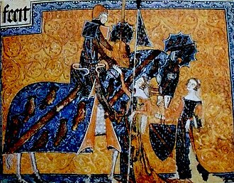 Sir Geoffrey Luttrell, with fan crests displaying his arms on both his helmet and his horse's head. From the Luttrell Psalter, c. 1330.