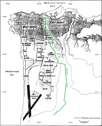A CIA map of neighborhoods in Beirut in 1986, which also shows the Green Line