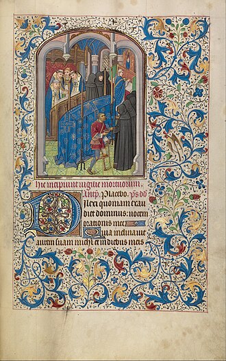 Funeral Mass with priest, choristers, bearers or mourners, and a beggar receiving alms (c. 1460–1480)