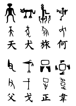 Comparison of characters in the Shang bronzeware script (first and fourth rows), oracle bone script (second and fifth rows), and regular script (third and sixth rows)