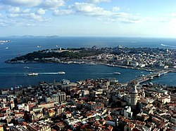 View of Istanbul from bird's-eye view (in the foreground – Galata and Golden Horn inlet, behind them – Bosphorus promontory and the Sea of Marmara)