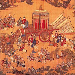 Detail of The Emperor's Approach showing the Wanli Emperor's royal carriage being pulled by elephants and escorted by cavalry