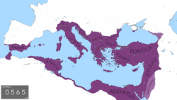 The Byzantine Empire at its greatest extent since the fall of the Western Roman Empire, under Justinian I in 565 AD. Emperor Justinian reconquered many former territories of the Western Roman Empire, including Italia, Dalmatia, Africa, and southern Hispania.