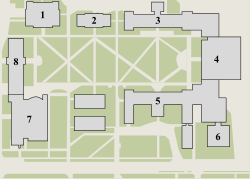 1. Comstock Hall 2. Caldwell Hall 3. Warren Hall 4. Mann Library 5. Plant Science Building 6. Green House 7. Kennedy Hall 8. Roberts Hall 11. Ward Center